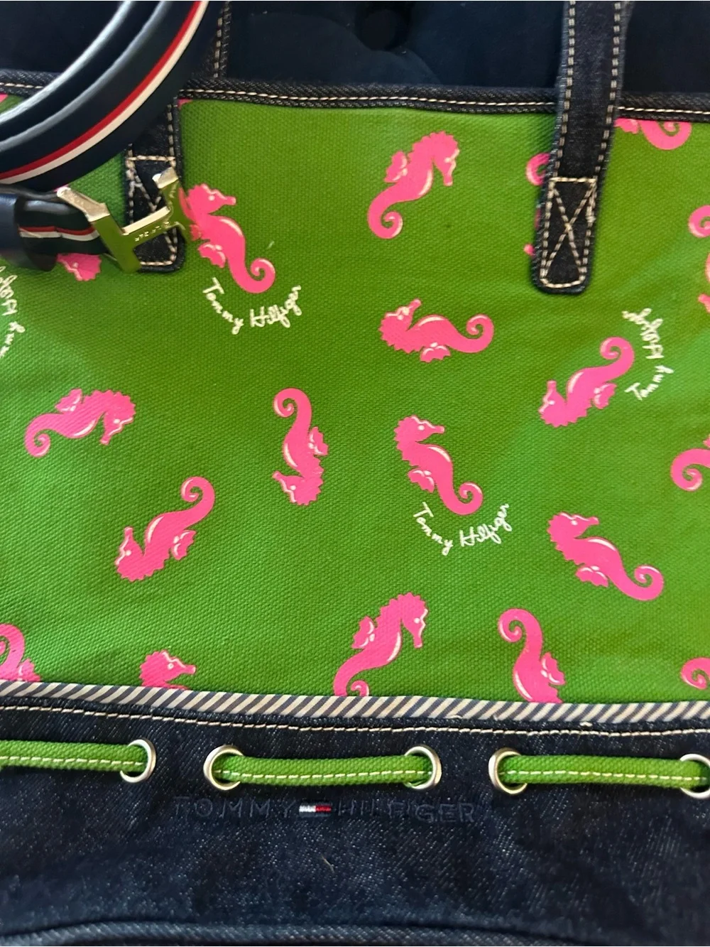 Tommy Hilfiger Green Tote Bag with Pink Seahorse Print plus Free Belt